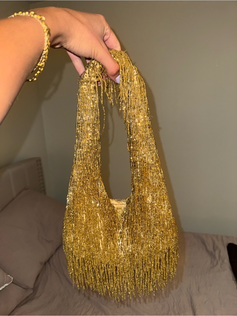 Handmade Gold Beaded Fringe Evening Bag - Picture 3 of 3